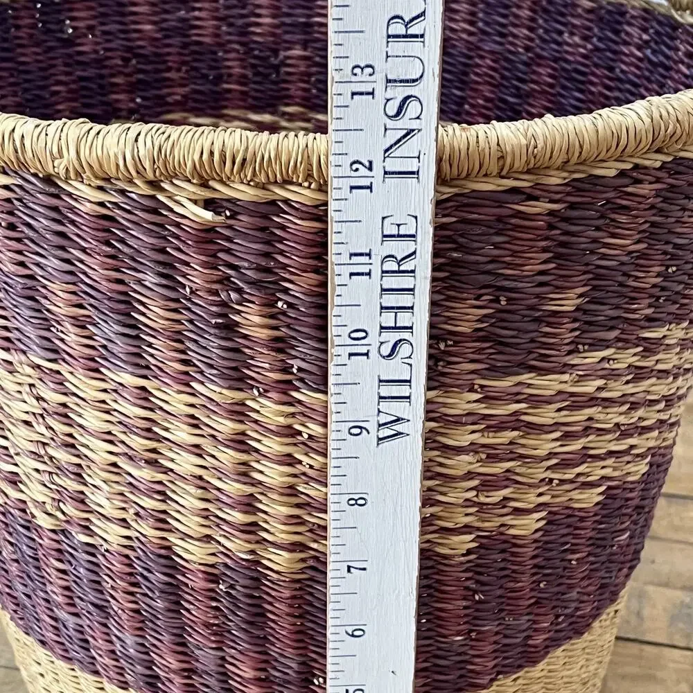 African Hand Woven Bolga Ghana Market Bucket Basket With Leather Wrap Handle